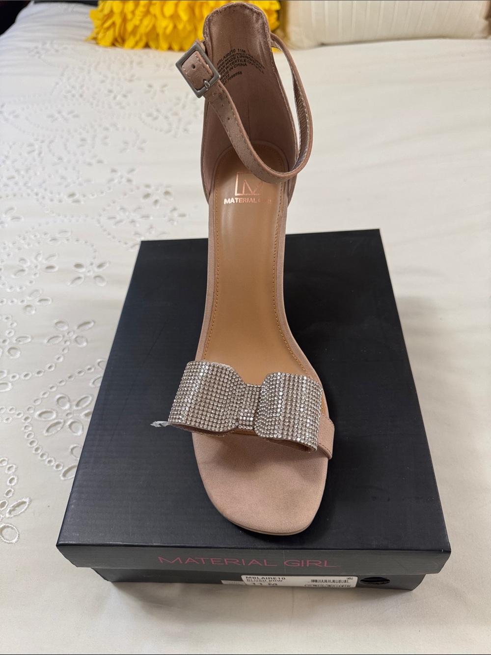 Material Girl Blush Pink Ankle-Strap Heel with Rhinestone Bow
